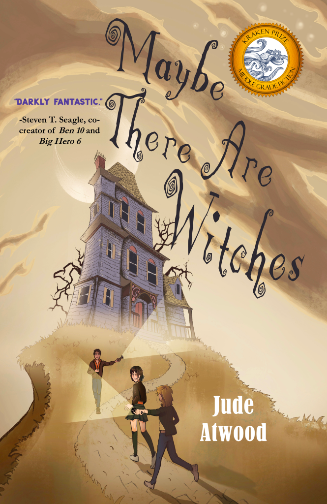 A book cover featuring a purple Victorian house on a hill with a path leading up to it. On the path are a dark-haired boy, a dark-haired girl, and a blond boy with long hair. The title is Maybe There Are Witches, and the author's name is Jude Atwood.